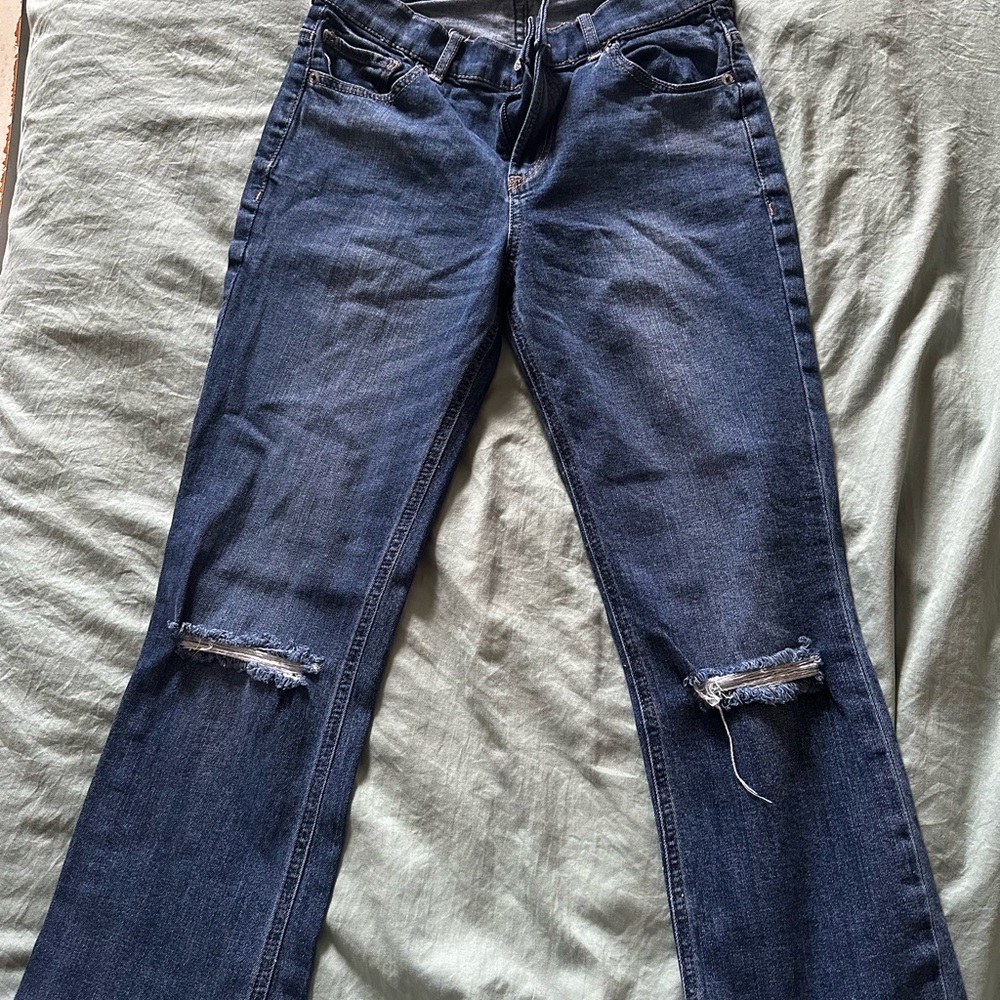 Express Dark Blue Distressed Flare Jeans